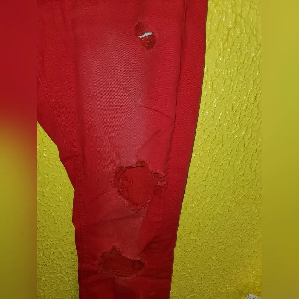 Men's Vibrant Red Skinny Jeans with Distressing